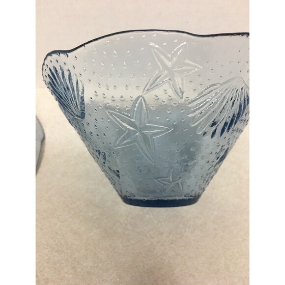 2 Blue Textured Glass  Ruffle Edge Serving Bowl 6" Sea Shells And Stars - Picture 5 of 5
